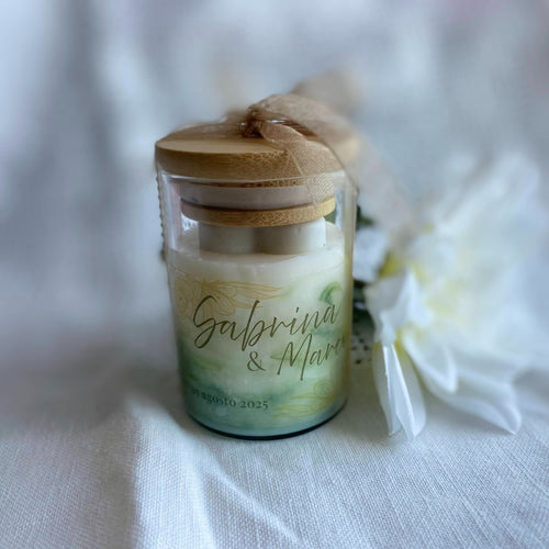 Bomboniera in vetro con tappo in legno e candela personalizzabile